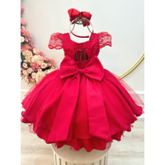 Vestido Infantil Vermelho Com Renda Cinto de Pérolas Festas