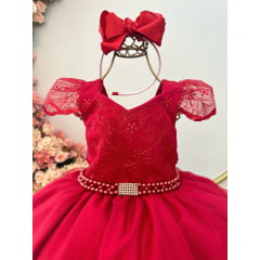 Vestido Infantil Vermelho Com Renda Cinto de Pérolas Festas