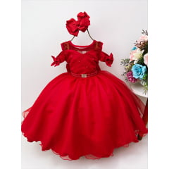 Vestido Infantil Vermelho Peito Nervura Pérolas Strass Luxo