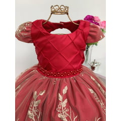 Vestido Infantil Vermelho Realeza Luxo Cinto de Pérolas