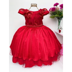 Vestido Infantil Vermelho Saia Plissada Luxo Cinto em Pérola