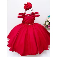 Vestido Infantil Vermelho Voal Cinto de Pérolas C/ Mangas