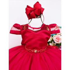 Vestido Infantil Vermelho Voal Cinto de Pérolas C/ Mangas