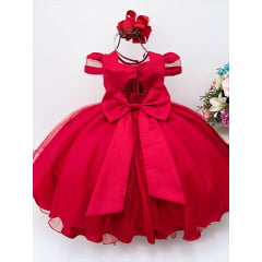 Vestido Infantil Vermelho Voal Cinto de Pérolas C/ Mangas