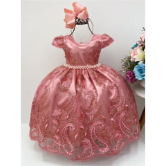 Vestido Infantil Rosê Renda Realeza Cinto Pérolas