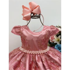Vestido Infantil Rosê Renda Realeza Cinto Pérolas