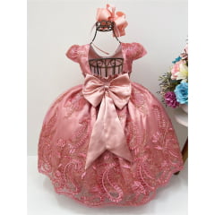 Vestido Infantil Rosê Renda Realeza Cinto Pérolas