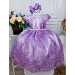 Vestido Infantil Lilás Com Renda Realeza e Cinto de Pérolas