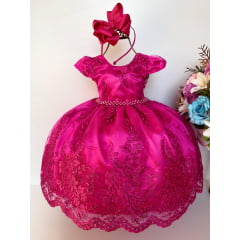 Vestido Infantil Pink Renda Realeza Cinto de Pérolas
