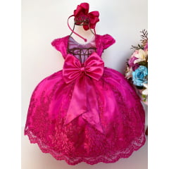 Vestido Infantil Pink Renda Realeza Cinto de Pérolas