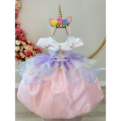 Vestido Infantil Unicórnio Colorido Luxo Festa
