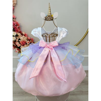 Vestido Infantil Unicórnio Colorido Luxo Festa