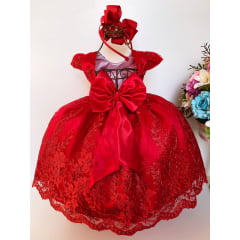 Vestido Infantil Vermelho Renda Realeza Com Cinto de Pérolas