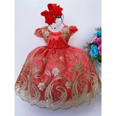Vestido Infantil Vermelho Renda Realeza Dourada Cinto Pérola