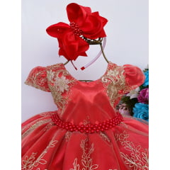 Vestido Infantil Vermelho Renda Realeza Dourada Cinto Pérola