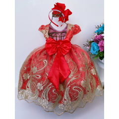 Vestido Infantil Vermelho Renda Realeza Dourada Cinto Pérola