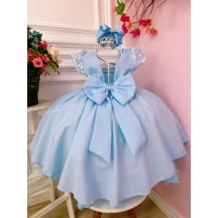 Vestido Infantil Azul Bebê e Renda C/ Glitter Cinto Pérolas