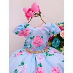 Vestido Infantil Azul Flores Rosas Lilás Cinto Strass Luxo