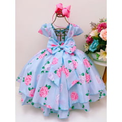 Vestido Infantil Azul Flores Rosas Lilás Cinto Strass Luxo