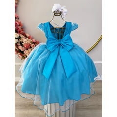 Vestido Infantil Azul Tiffany C/ Renda e Pérolas Strass Luxo