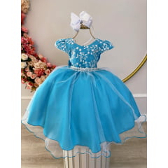 Vestido Infantil Azul C/ Renda e Pérolas Strass Luxo