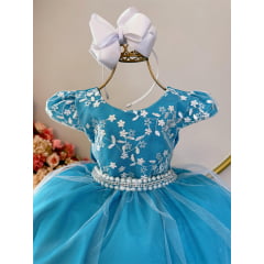 Vestido Infantil Azul C/ Renda e Pérolas Strass Luxo