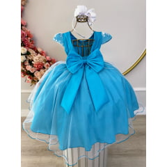 Vestido Infantil Azul C/ Renda e Pérolas Strass Luxo