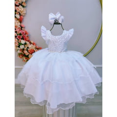 Vestido Infantil Branco C/ Renda Cinto de Strass Festas