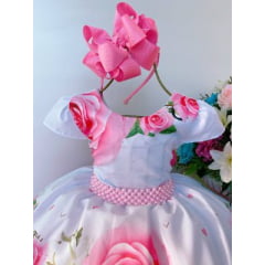 Vestido Infantil Branco e Rosa Floral Princesas Luxo