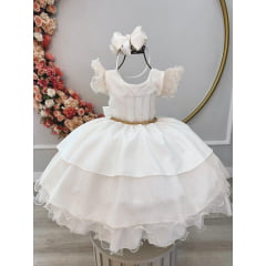 Vestido Infantil Marfim Com Babados e Glitter Festas Damas