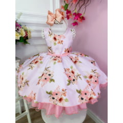 Vestido Infantil Rosa Florido Luxo Com Cinto de Pérolas
