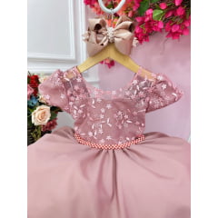 Vestido Infantil Rose e Renda Com Glitter Cinto de Pérolas