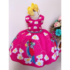 Vestido Infantil Pink Papagaios Floral Com Cinto de Pérolas