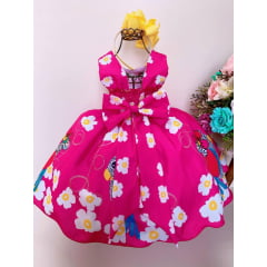 Vestido Infantil Pink Papagaios Floral Com Cinto de Pérolas