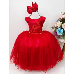Vestido Infantil Vermelho Damas de Honra Cinto Pérola Strass