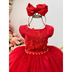 Vestido Infantil Vermelho Damas de Honra Cinto Pérola Strass