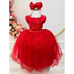 Vestido Infantil Vermelho Damas de Honra Cinto Pérola Strass