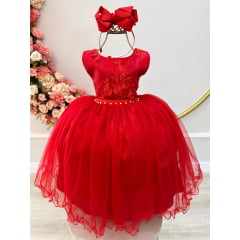 Vestido Infantil Vermelho Damas de Honra Cinto Pérola Strass