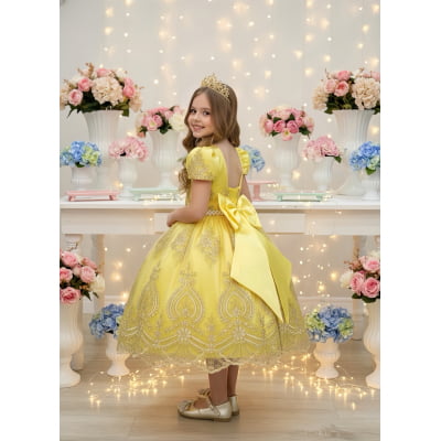 Vestido Infantil Amarelo C/ Renda Dourada Realeza Festas
