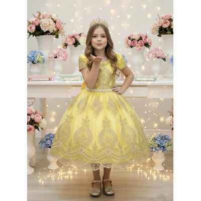 Vestido Infantil Amarelo C/ Renda Dourada Realeza Festas