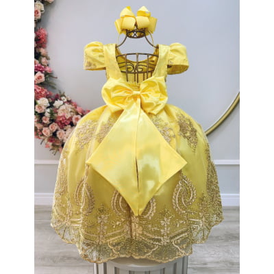 Vestido Infantil Amarelo C/ Renda Dourada Realeza Festas