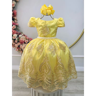 Vestido Infantil Amarelo C/ Renda Dourada Realeza Festas
