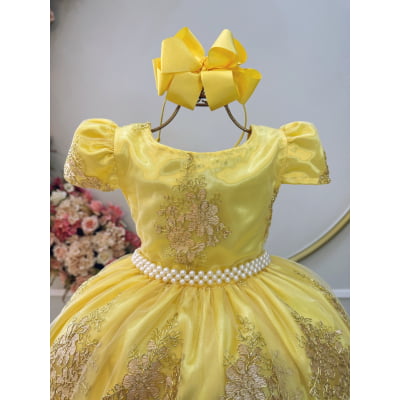 Vestido Infantil Amarelo C/ Renda Dourada Realeza Festas