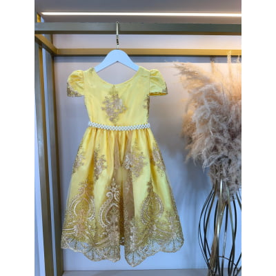 Vestido Infantil Amarelo C/ Renda Dourada Realeza Festas