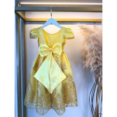 Vestido Infantil Amarelo C/ Renda Dourada Realeza Festas