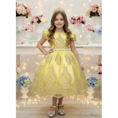 Vestido Infantil Amarelo C/ Renda Dourada Realeza Festas