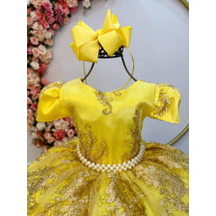 Vestido Infantil Amarelo C/ Renda Dourada Realeza Pérolas