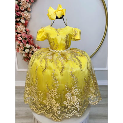 Vestido Infantil Amarelo C/ Renda Dourada Realeza Pérolas