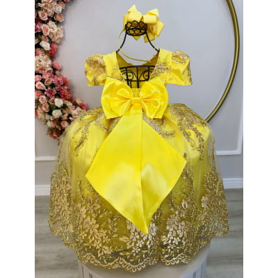Vestido Infantil Amarelo C/ Renda Dourada Realeza Pérolas