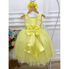 Vestido Infantil Amarelo Damas de Honra Renda Pérola Strass
